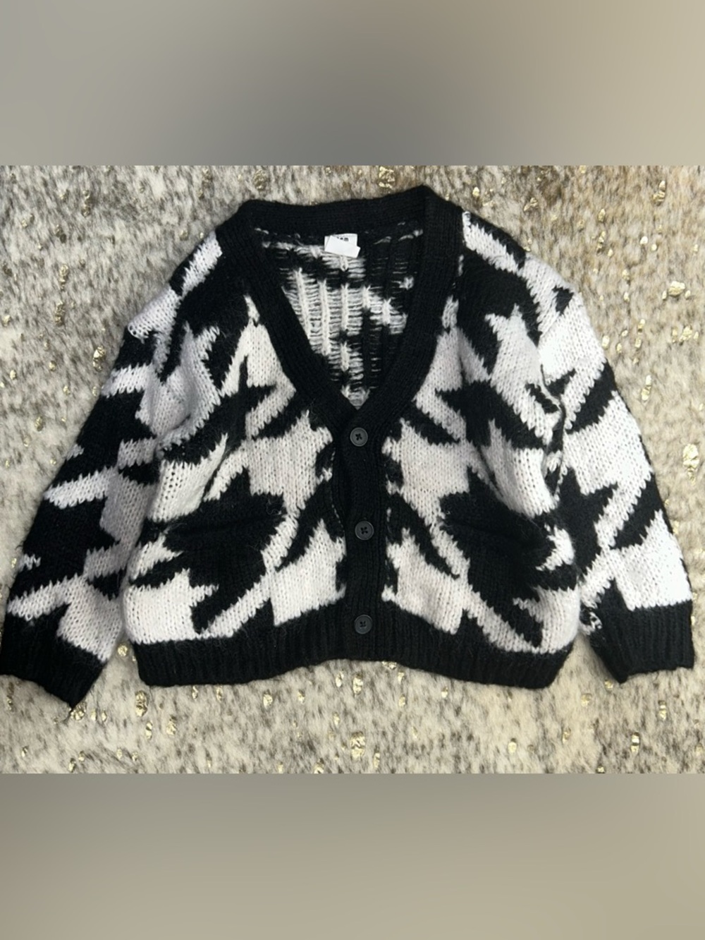 Stem Houndstooth Black/White Button Front Wool Blend Cardigan 3T